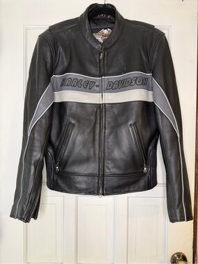 Harley-Davidson Black Leather Jacket with Gray & White Accents